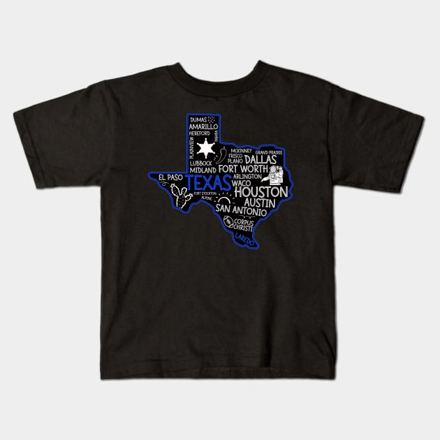 Laredo Texas cute map Houston San Antonio Dallas Austin Fort Worth El Paso Kids T-Shirt by BoogieCreates